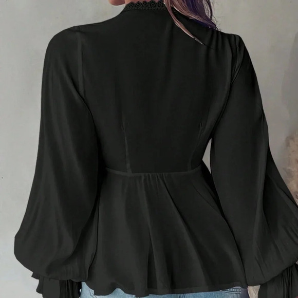 Black Boho Women's Casual Lace Patchwork Ruffle Sleeve Blouse - Picture 2 of 3